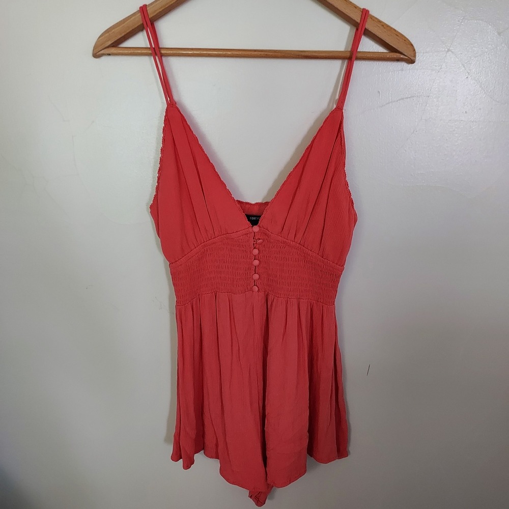 Forever 21 Womens Medium Coral Pink Smocked Waist Button Front Boho Romper